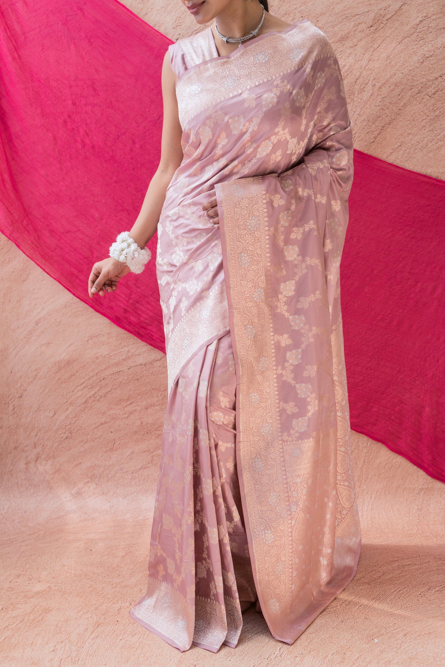 Katan Silver Golden Floral Jaal Pastel Pink Saree