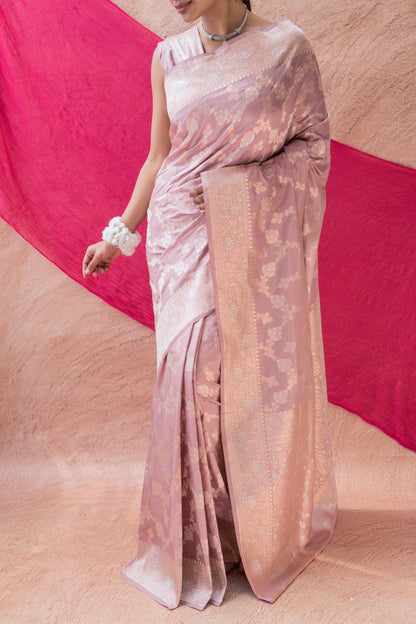 Katan Silver Golden Floral Jaal Pastel Pink Saree