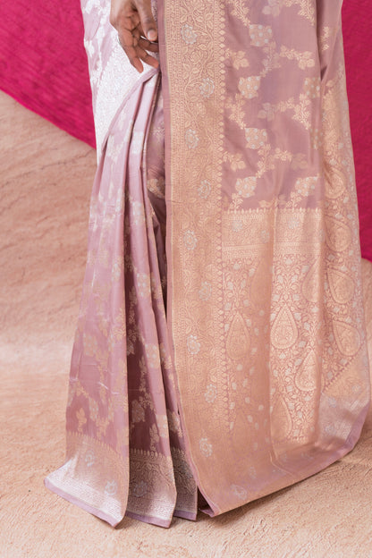 Katan Silver Golden Floral Jaal Pastel Pink Saree
