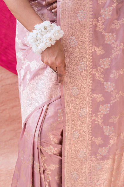 Katan Silver Golden Floral Jaal Pastel Pink Saree