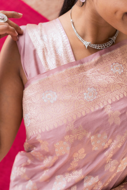 Katan Silver Golden Floral Jaal Pastel Pink Saree