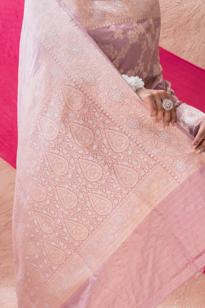 Katan Silver Golden Floral Jaal Pastel Pink Saree