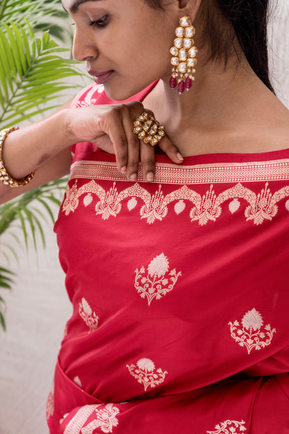 Katan Boota Red Saree