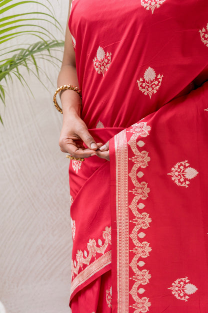 Katan Boota Red Saree
