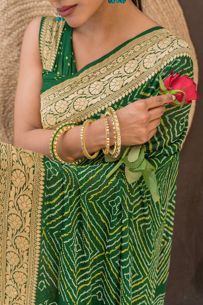 Georgette Rai Dana Bottle Green Bandhej Saree