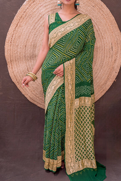 Georgette Rai Dana Bottle Green Bandhej Saree