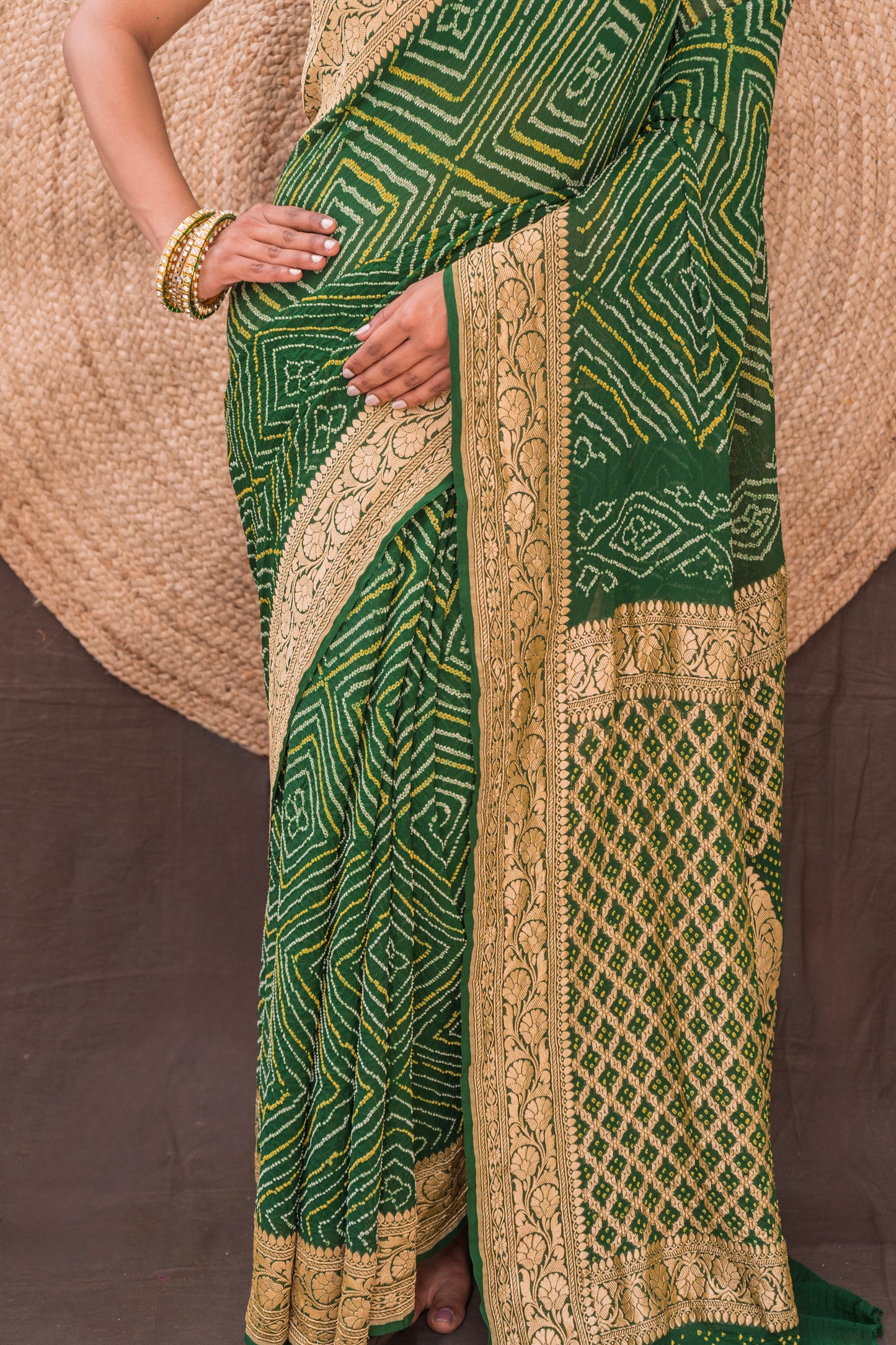 Georgette Rai Dana Bottle Green Bandhej Saree