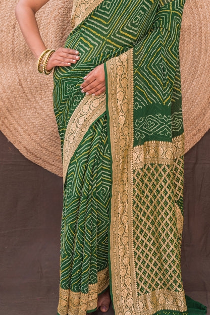 Georgette Rai Dana Bottle Green Bandhej Saree