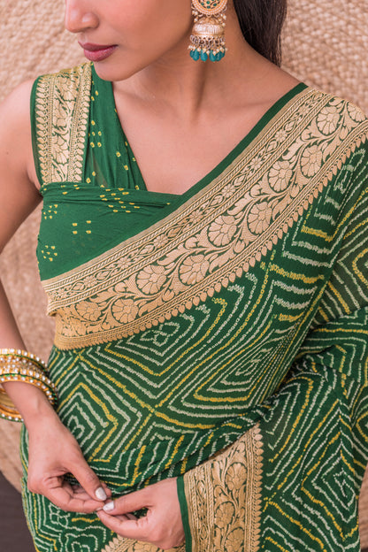 Georgette Rai Dana Bottle Green Bandhej Saree