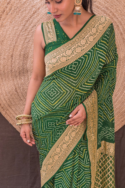 Georgette Rai Dana Bottle Green Bandhej Saree