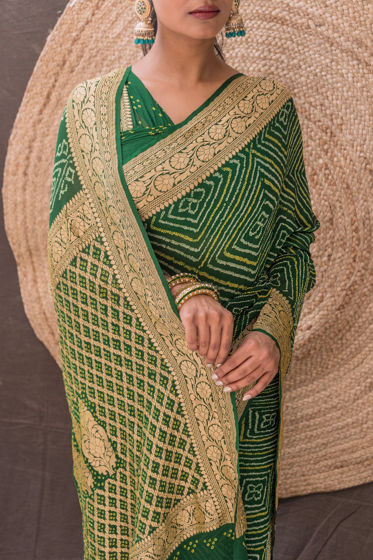 Georgette Rai Dana Bottle Green Bandhej Saree