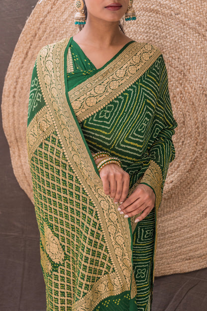 Georgette Rai Dana Bottle Green Bandhej Saree