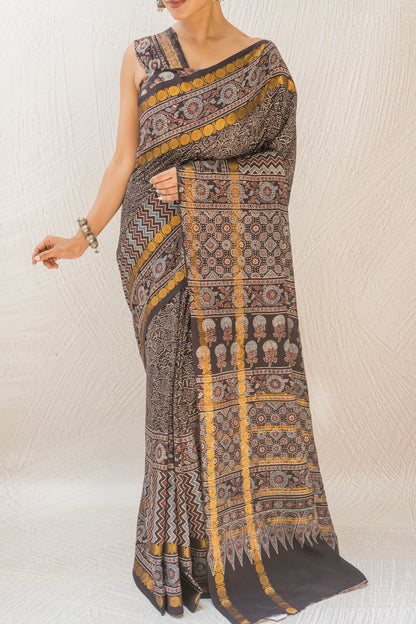 Cotton Ajrakh Print Black Saree