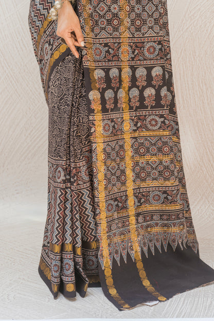 Cotton Ajrakh Print Black Saree