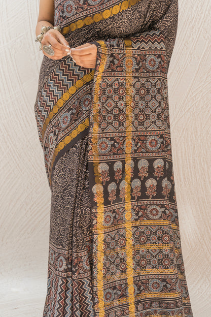 Cotton Ajrakh Print Black Saree