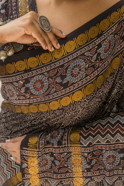Cotton Ajrakh Print Black Saree