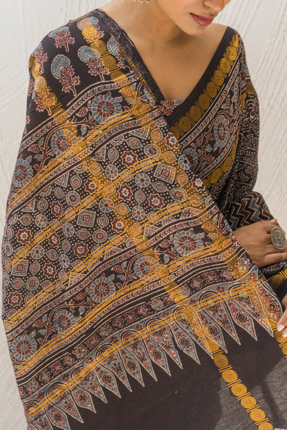 Cotton Ajrakh Print Black Saree