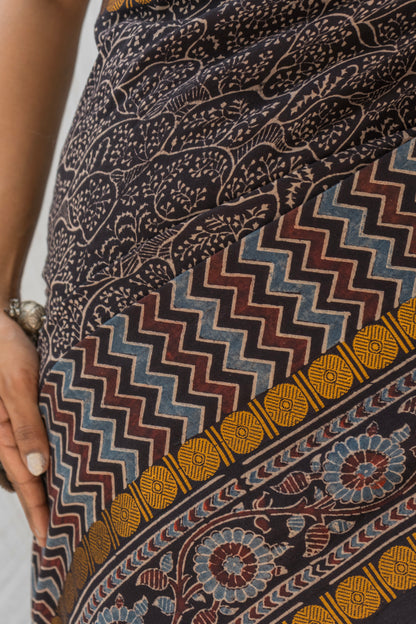 Cotton Ajrakh Print Black Saree