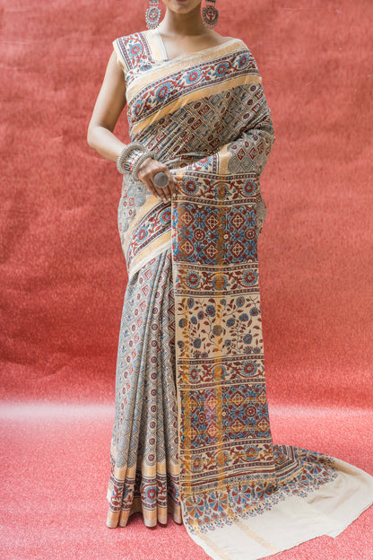 Cotton Ajrakh Print Ivory Saree