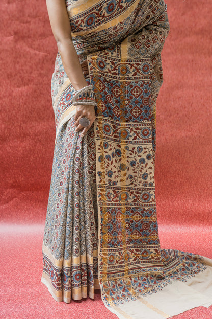 Cotton Ajrakh Print Ivory Saree