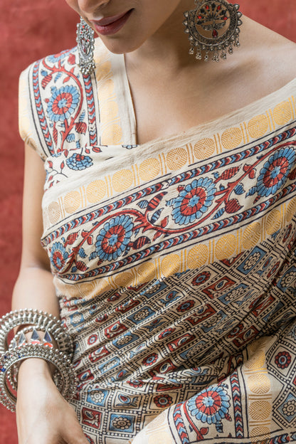 Cotton Ajrakh Print Ivory Saree