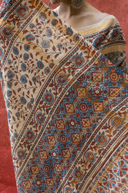 Cotton Ajrakh Print Ivory Saree