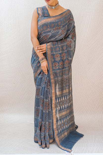 Chanderi Ajrakh Print Indigo Saree