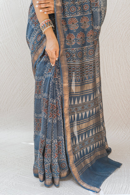 Chanderi Ajrakh Print Indigo Saree