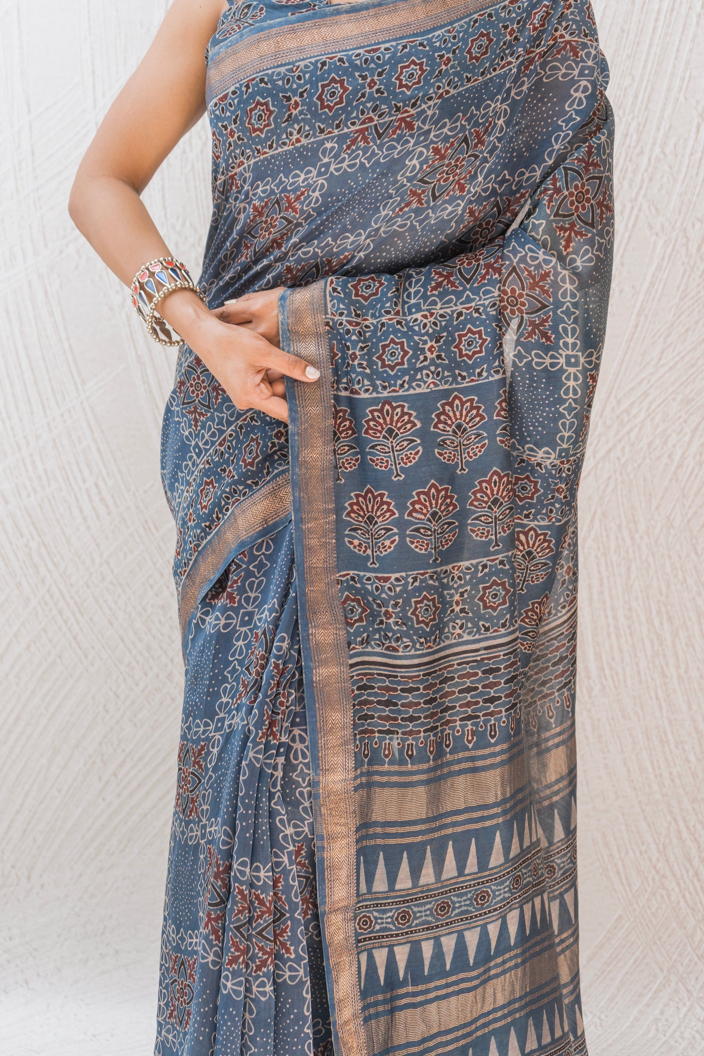 Chanderi Ajrakh Print Indigo Saree