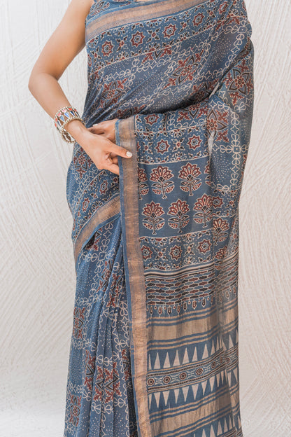Chanderi Ajrakh Print Indigo Saree