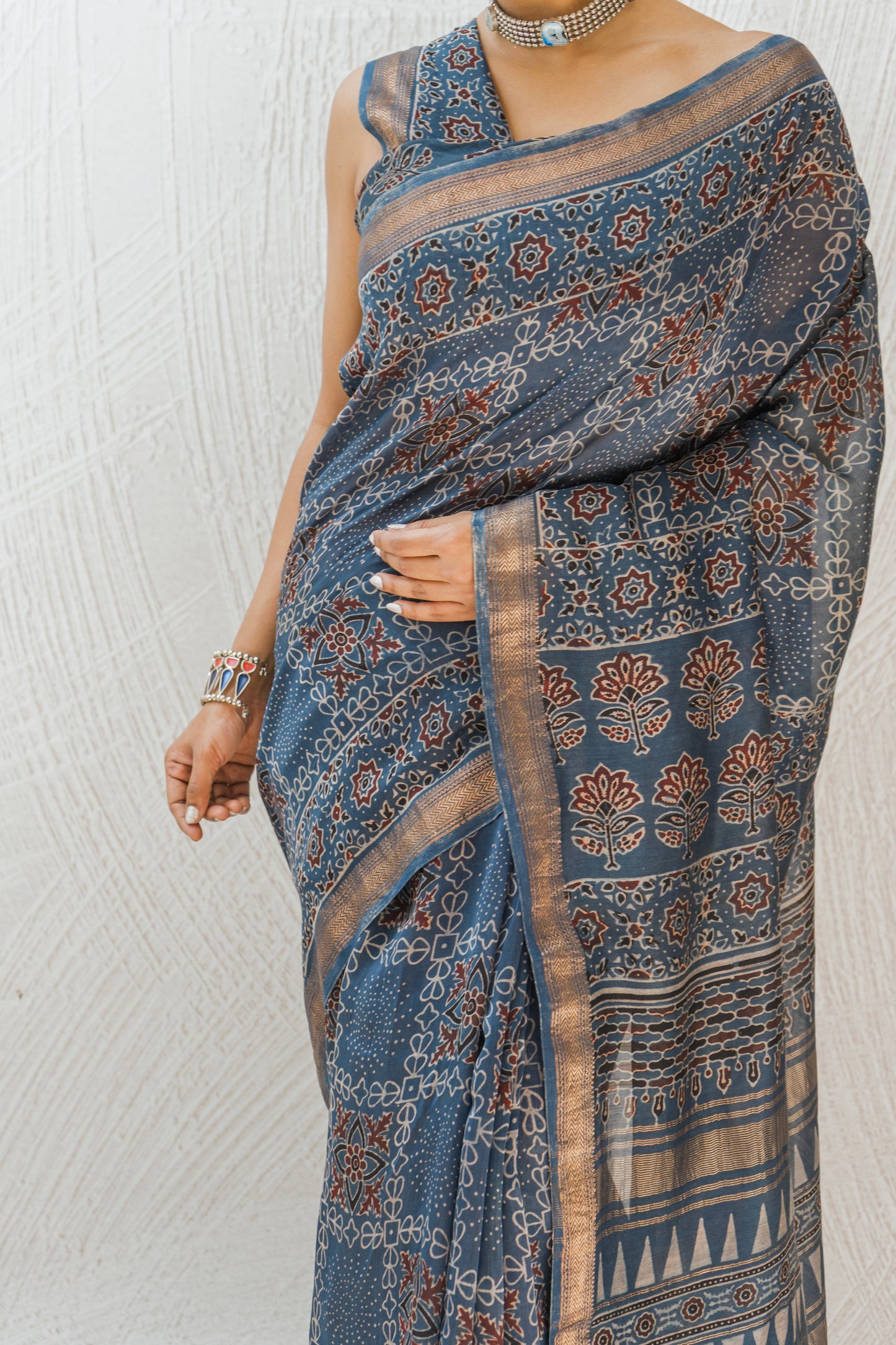 Chanderi Ajrakh Print Indigo Saree