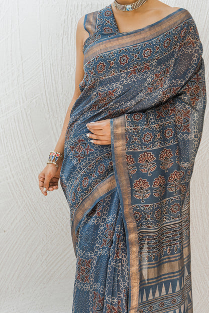 Chanderi Ajrakh Print Indigo Saree