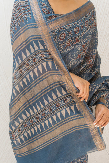 Chanderi Ajrakh Print Indigo Saree
