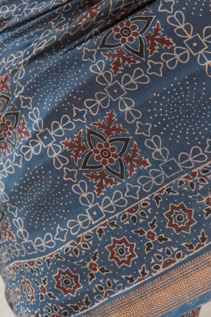 Chanderi Ajrakh Print Indigo Saree