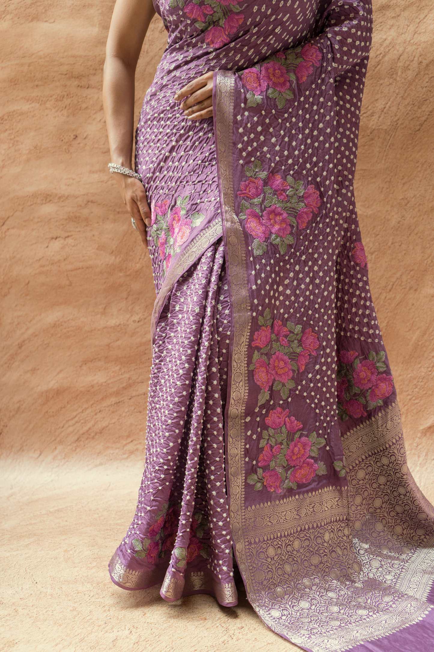 Chiniya Embroidered Purple Bandhej Saree