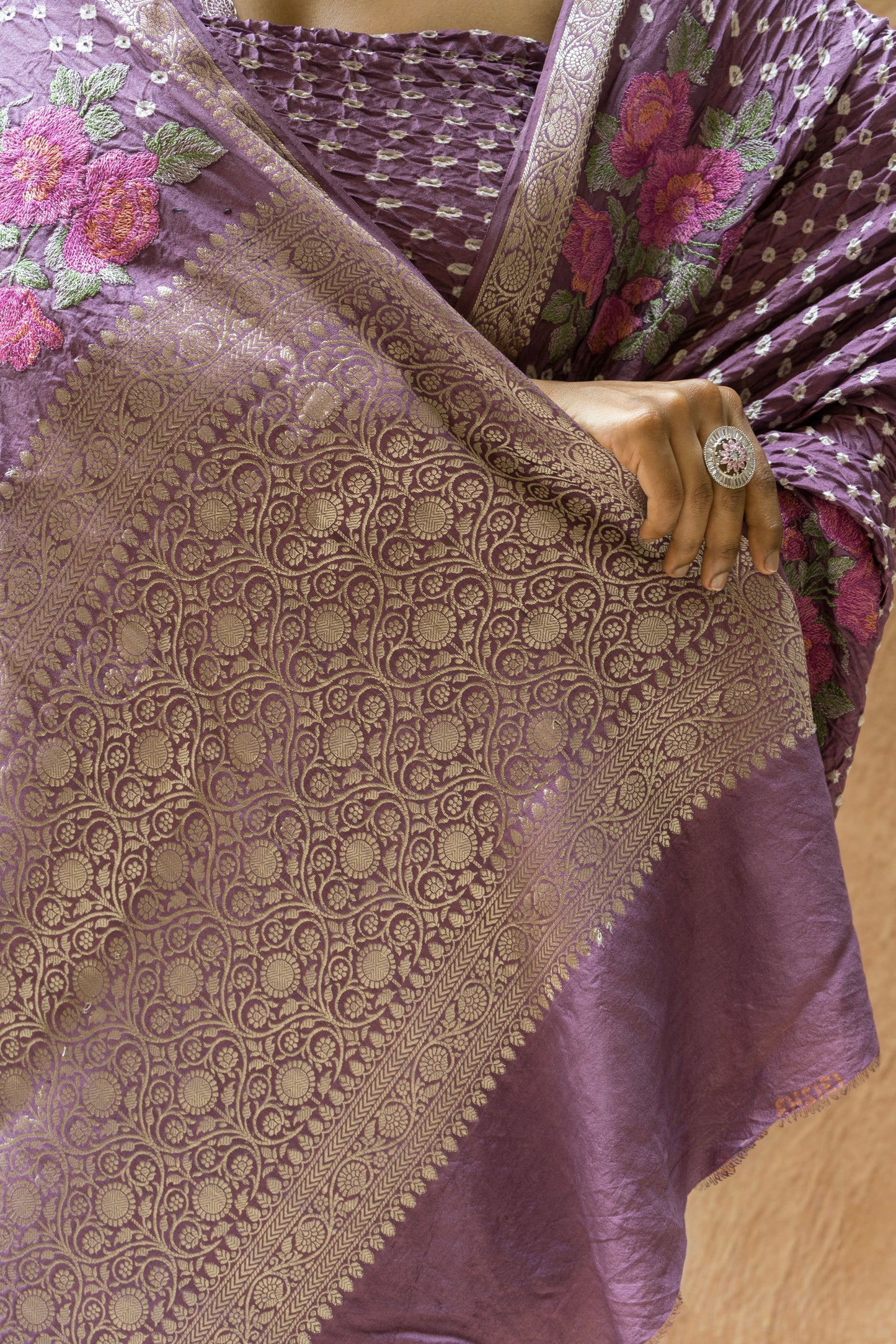 Chiniya Embroidered Purple Bandhej Saree