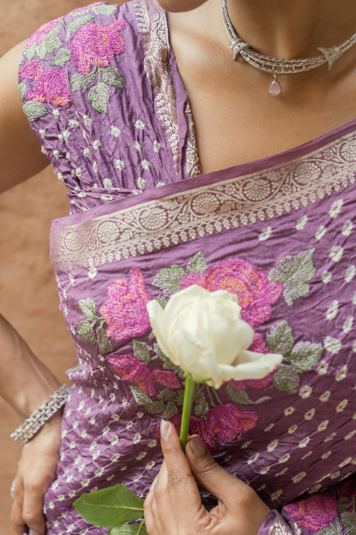 Chiniya Embroidered Purple Bandhej Saree