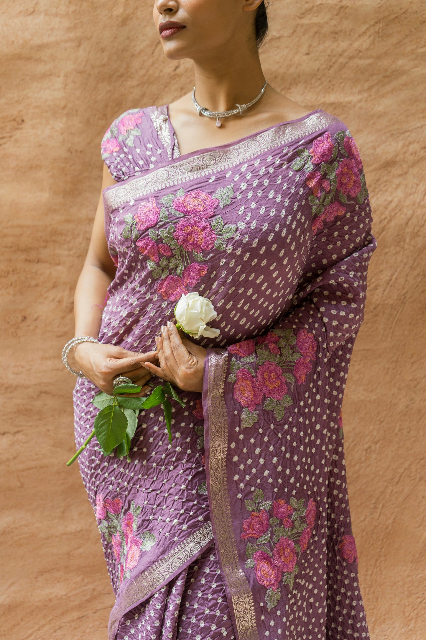 Chiniya Embroidered Purple Bandhej Saree