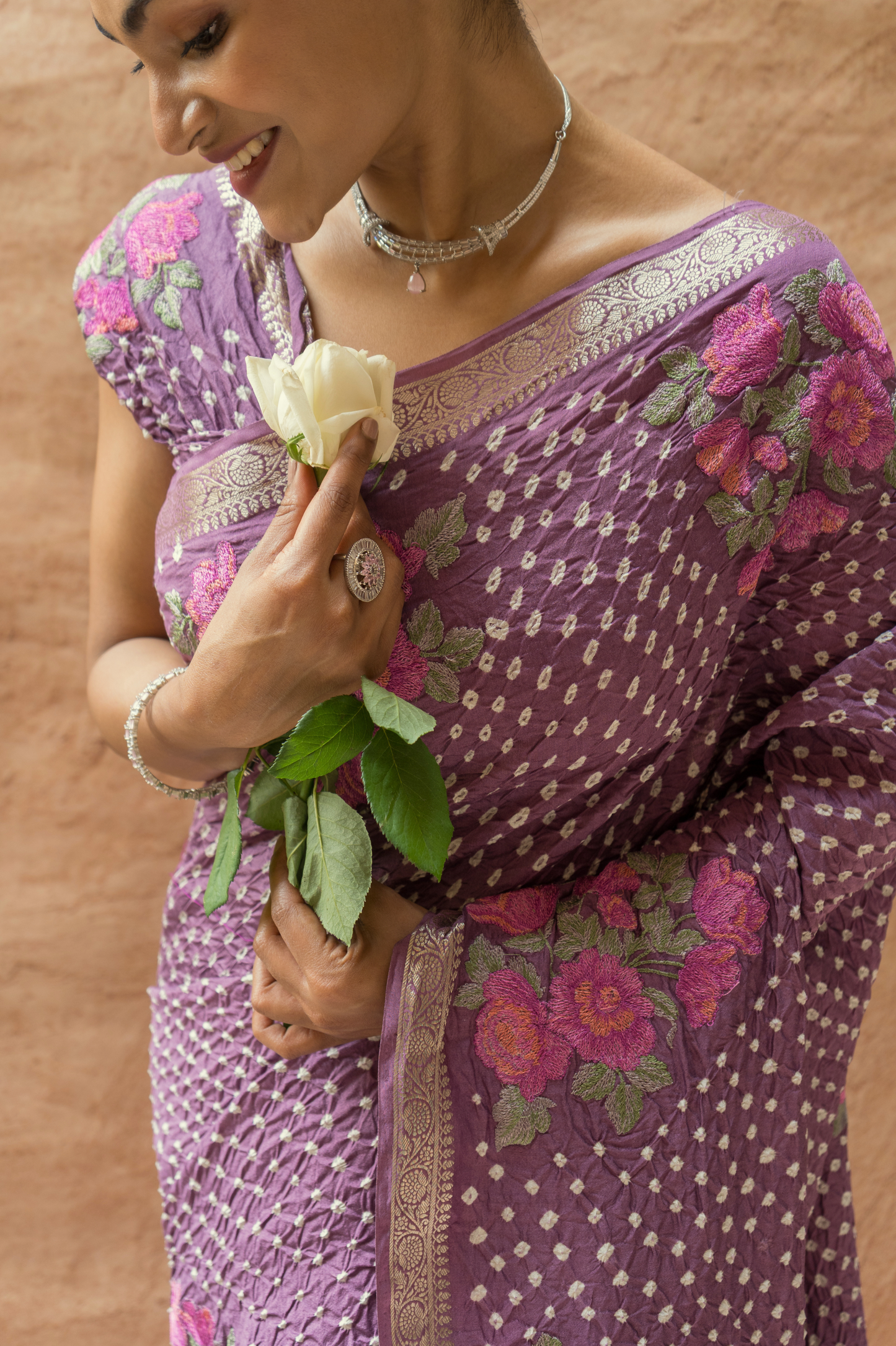 Chiniya Embroidered Purple Bandhej Saree