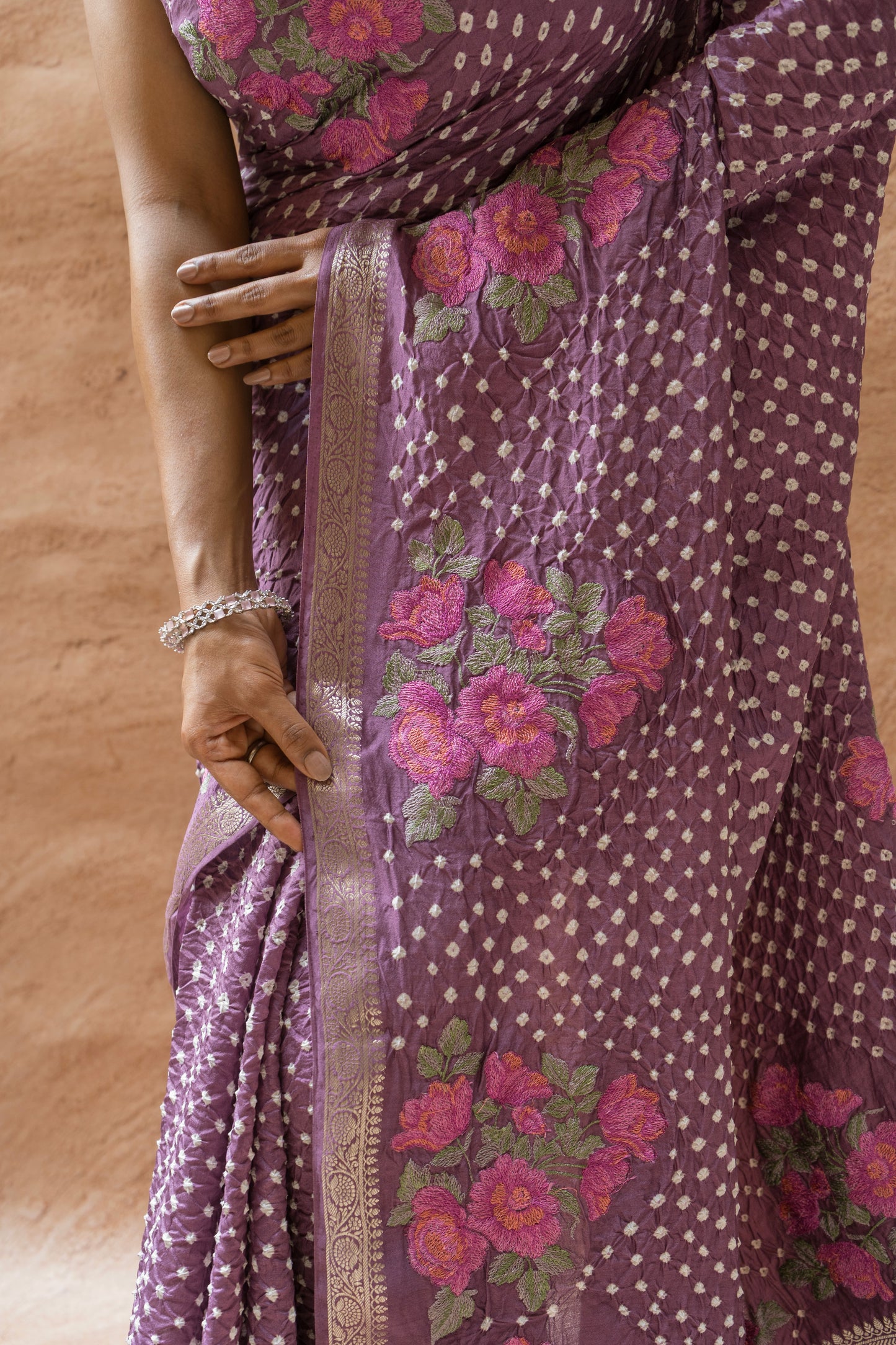 Chiniya Embroidered Purple Bandhej Saree