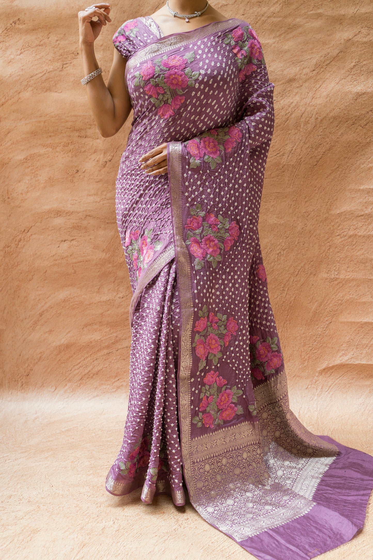 Chiniya Embroidered Purple Bandhej Saree