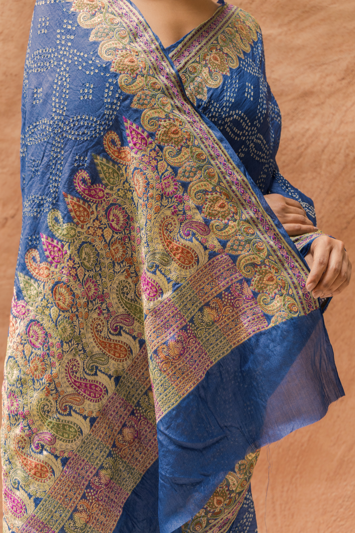 Tussar Meenakari Dark Blue Bandhej Saree
