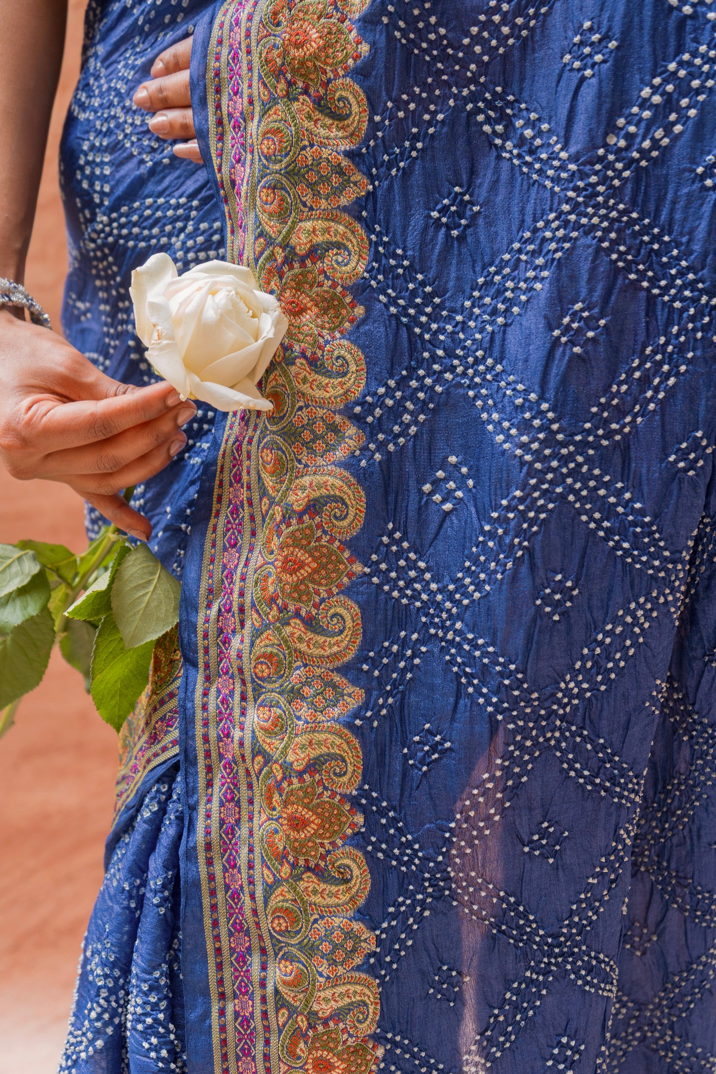 Tussar Meenakari Dark Blue Bandhej Saree