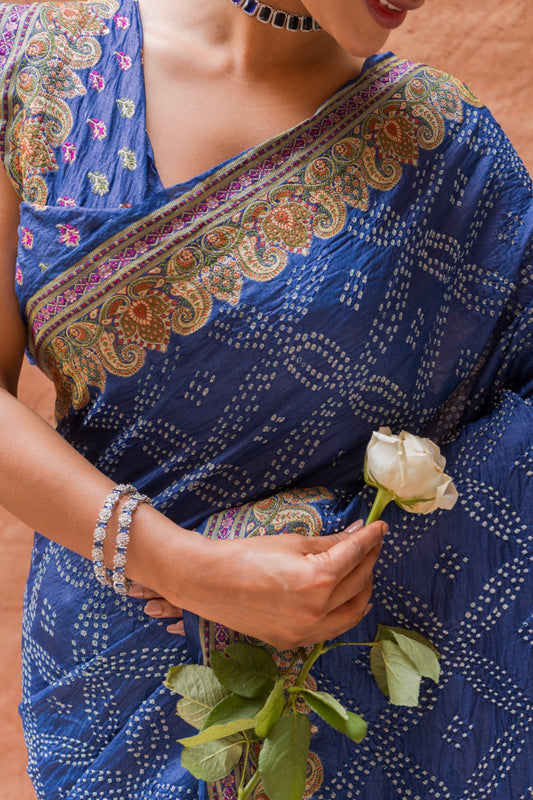 Tussar Meenakari Dark Blue Bandhej Saree