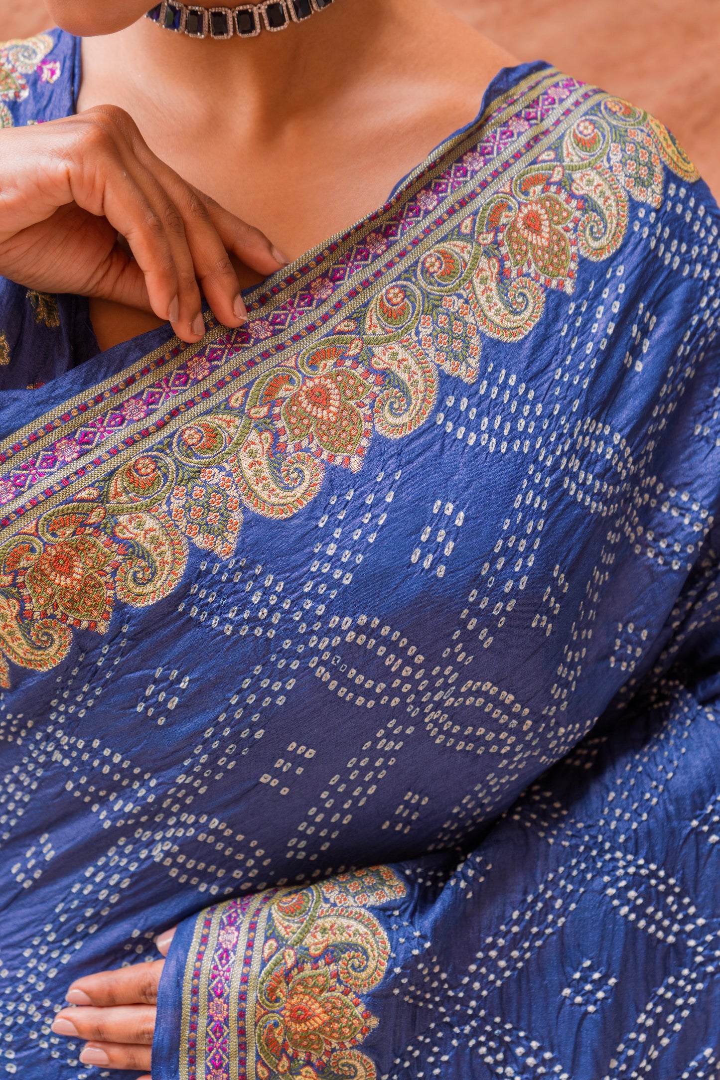 Tussar Meenakari Dark Blue Bandhej Saree