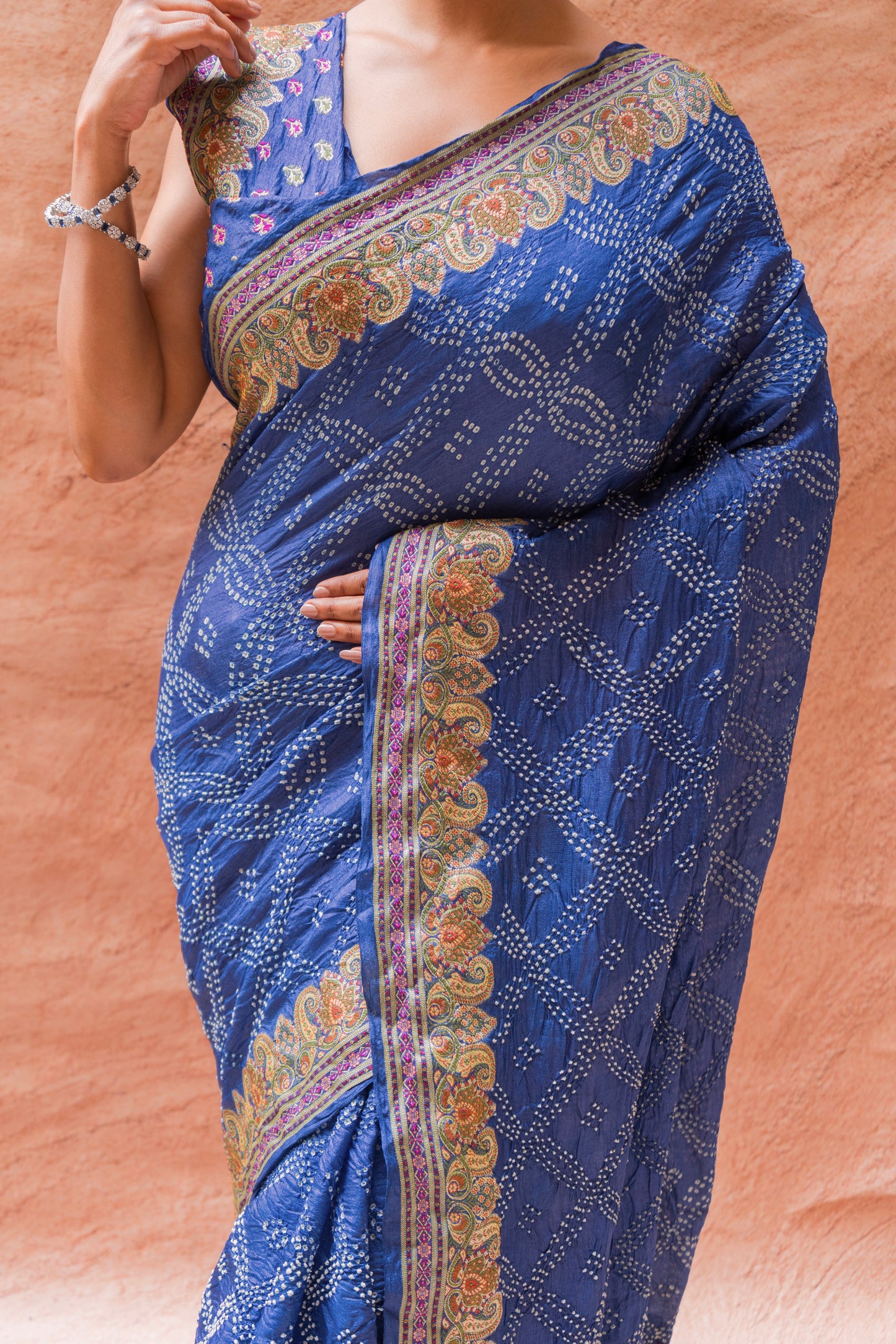 Tussar Meenakari Dark Blue Bandhej Saree