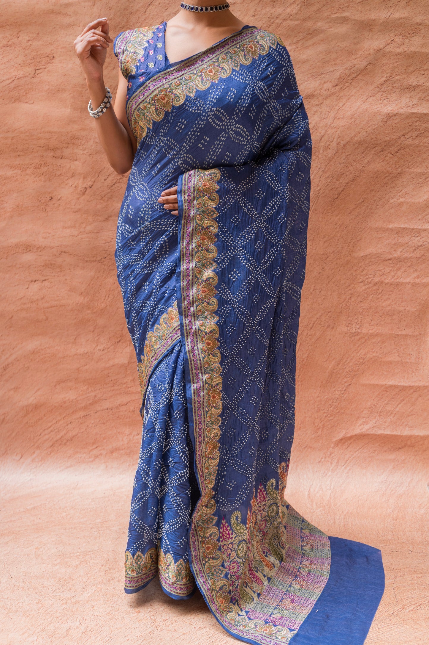 Tussar Meenakari Dark Blue Bandhej Saree