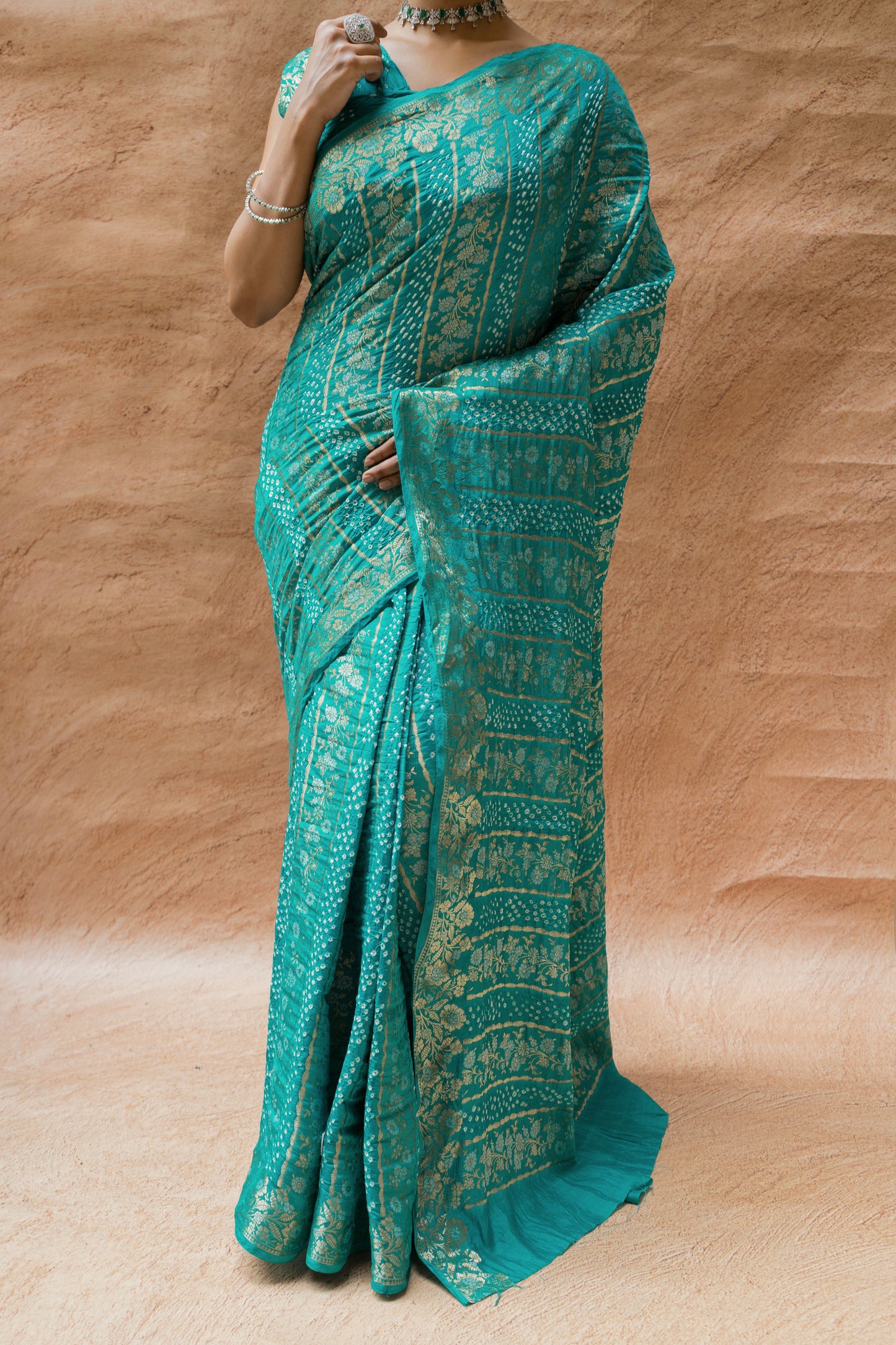 Chiniya Sona Rupa Stripes Bandhej Sea Green Saree