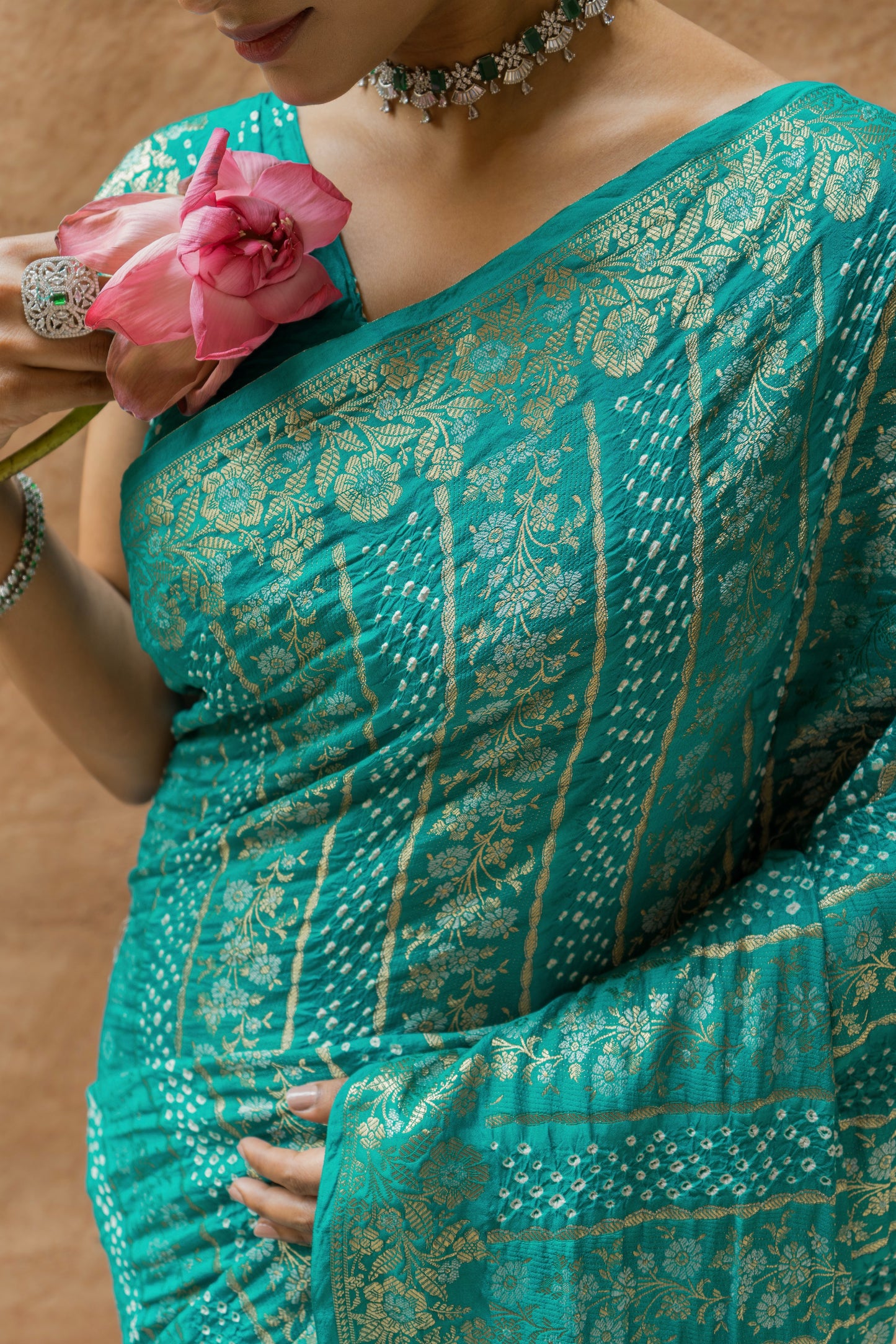 Chiniya Sona Rupa Stripes Bandhej Sea Green Saree