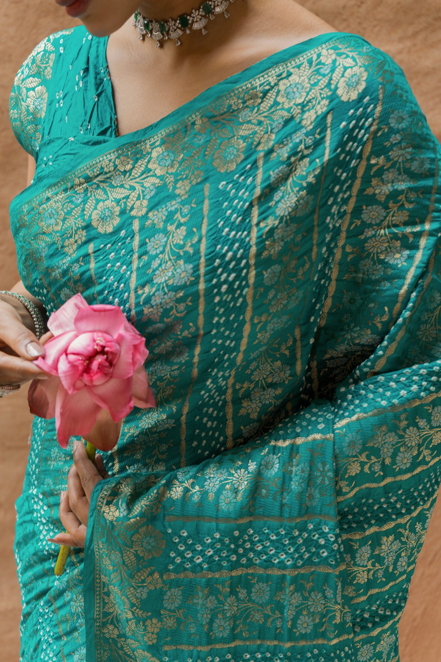 Chiniya Sona Rupa Stripes Bandhej Sea Green Saree